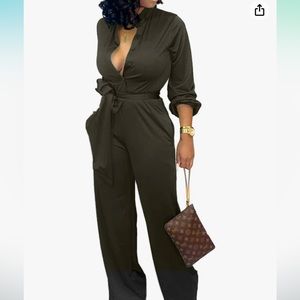 L Jumpsuits Elegant Long Sleeve Straight Long Pants Clubwear Rompers with Pocket